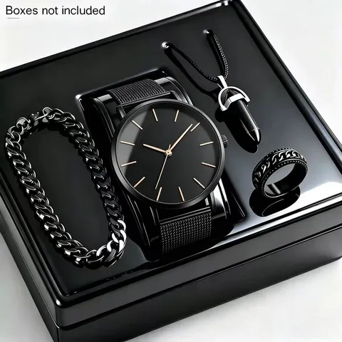 Herren Business Casual Quarz Uhr Schmuck Set Minimalistische Mesh Band Uhr Legierung Edelstahl Armband Halskette Ring Geschenk Set