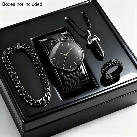 Herren Business Casual Quarz Uhr Schmuck Set Minimalistische Mesh Band Uhr Legierung Edelstahl Armband Halskette Ring Geschenk Set
