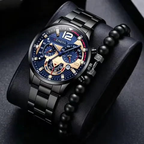 Men's Business Fashion Quartz Watch And Bracelet Set Zinc Alloy Steel Band Calendar Watch For Men Wrist Watch Gift
