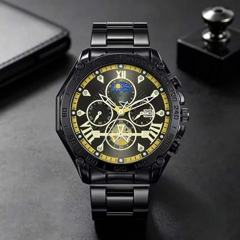 Herren Business Multifunktionale Quarz Uhr Set Legierung Titan Verschluss Stahlband Sternenhimmel Zifferblatt Mit Armband Ring Halskette Schmuckset