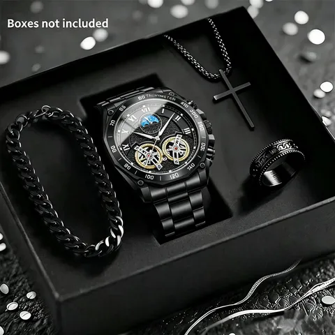 Set Gioielli Orologio al Quarzo Business Casual da Uomo In Lega di Zinco Acciaio Inossidabile Quadrante Traforato Orologio da Polso Bracciale Collana Anello Set per Uomo