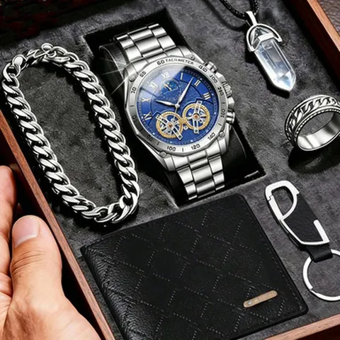 Orologio al Quarzo Luminoso di Lusso da Uomo d Affari Acciaio Inossidabile Catena in Lega Anello Portafoglio Portachiavi Set di Accessori Multi Pezzo