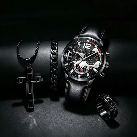 Herren Mode Leuchtend Quarz Uhr Schmuck Set Mit Kalender Kunstleder Armband Kreuz Halskette Kette Armband Fingerring Business Casual Geschenk