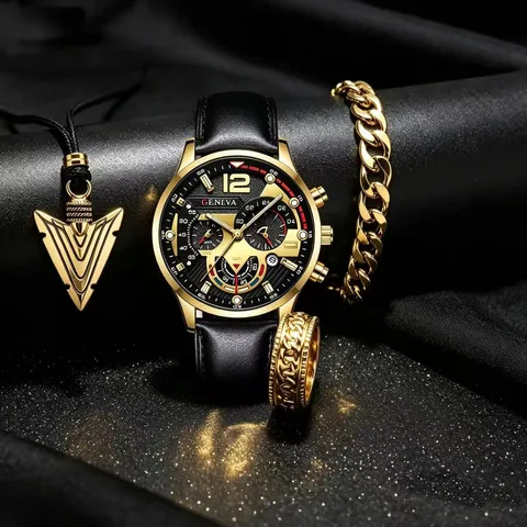 Herren Business Mode Quarzuhr Datum Kalender Legierung Lederarmband Uhr Pfeil Halskette Armband Ring Schmuck Kollektion