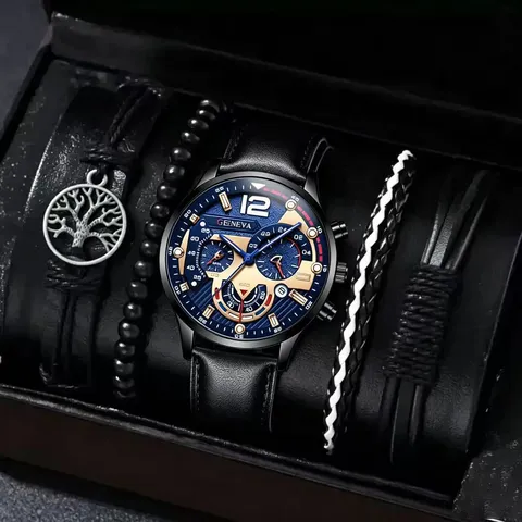 Montre à Quartz Homme Business Mode Bracelet en Cuir Calendrier Ensemble de Bracelets Cadran Rond Luxe Montre-Bracelet Analogique Cadeau