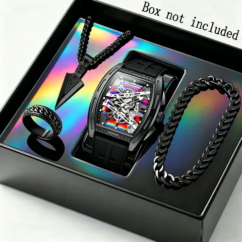 Men Business Luminous Quartz Watch Collection Alloy Silicone Barrel Case Watch With Cross Necklace Ring Bracelet Fashion Jewelry