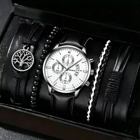 Herren Business Quarzuhr Mode Mehrlagige Armband Set Rundes Legierung Zifferblatt Kunstleder Armband Kalender Herren Armbanduhr Geschenke Schmuck Set