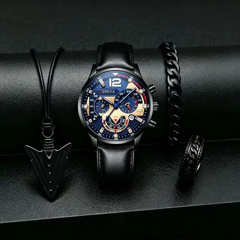 Herren Business Mode Quarzuhr Datum Kalender Legierung Lederarmband Uhr Pfeil Halskette Armband Ring Schmuck Kollektion
