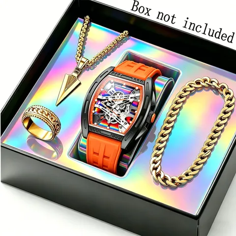 Men Business Luminous Quartz Watch Collection Alloy Silicone Barrel Case Watch With Cross Necklace Ring Bracelet Fashion Jewelry