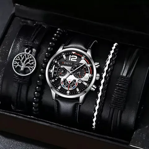 Montre à Quartz Homme Business Mode Bracelet en Cuir Calendrier Ensemble de Bracelets Cadran Rond Luxe Montre-Bracelet Analogique Cadeau