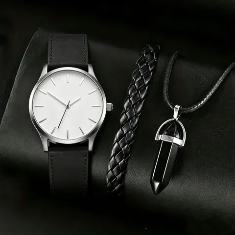 Men Business Quartz Watch Woven Faux Leather Bracelet Natural Stone Bullet Pendant Necklace Alloy Case Faux Leather Strap Wristwatch Collection