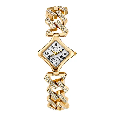 Orologio da Donna di Lusso con Strass a Rombo Numeri Romani Orologio al Quarzo Elegante Cinturino a Catena Cuban Link