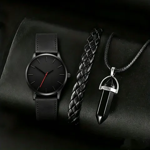 Men Business Quartz Watch Woven Faux Leather Bracelet Natural Stone Bullet Pendant Necklace Alloy Case Faux Leather Strap Wristwatch Collection