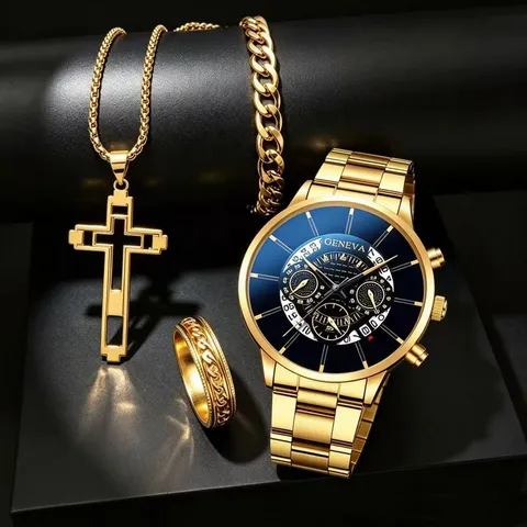 Heren Zakelijke Mode Quartz Horloge Set Met Legering Stalen Band Drie-Oog Kalender Horloge Kruis Ketting Armband Ring Vier-Delige Sieraden Set Voor Mannen Cadeau
