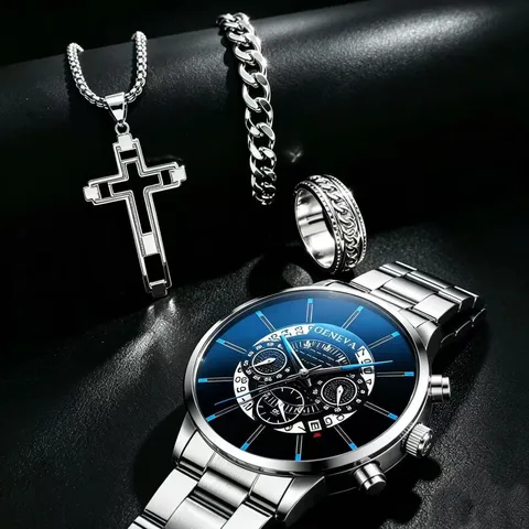 Heren Zakelijke Mode Quartz Horloge Set Met Legering Stalen Band Drie-Oog Kalender Horloge Kruis Ketting Armband Ring Vier-Delige Sieraden Set Voor Mannen Cadeau