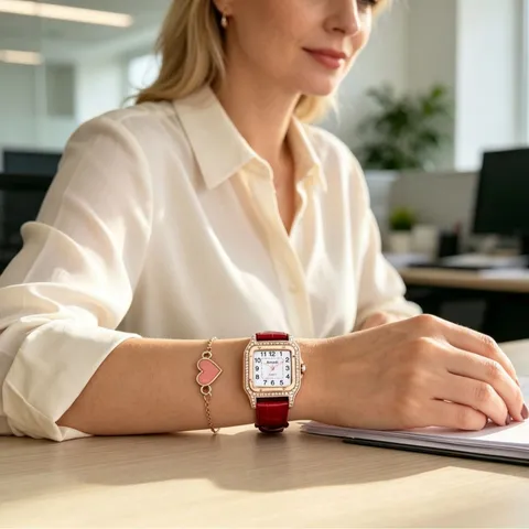 Montre à Quartz de Luxe Mode pour Femme Strass Carré Boîtier en Alliage Bracelet en Similicuir Analogique Cadran Montre Bracelet Parure Bijoux