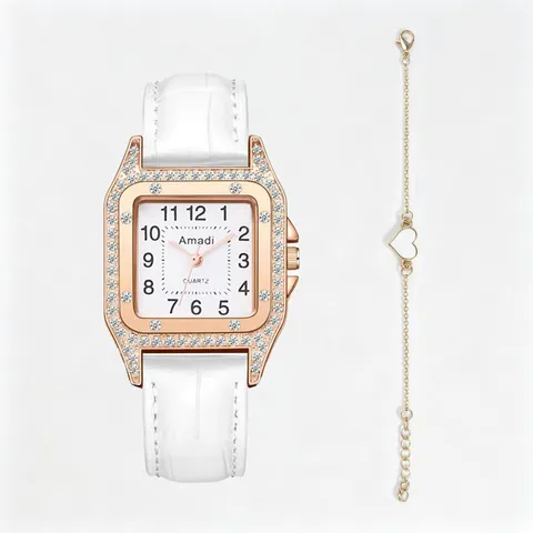 Montre à Quartz de Luxe Mode pour Femme Strass Carré Boîtier en Alliage Bracelet en Similicuir Analogique Cadran Montre Bracelet Parure Bijoux