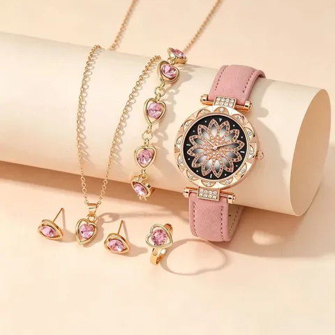 Damen Quarzuhr Und Schmuck Halskette Ohrringe Ring Armband Vintage Blumen Zifferblatt Strass Legierung Leder Uhr Schmuck Geschenk