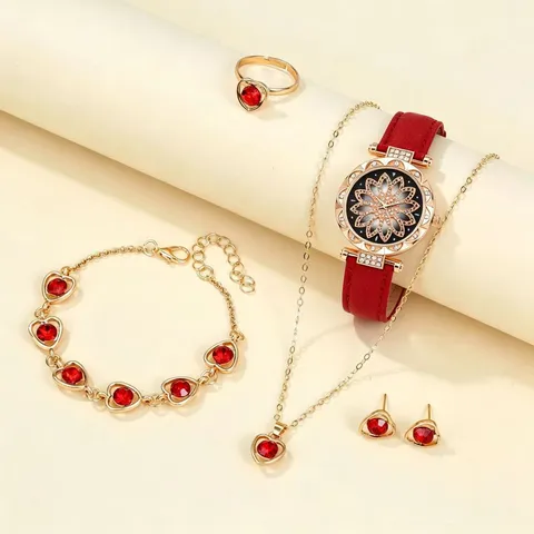 Damen Quarzuhr Und Schmuck Halskette Ohrringe Ring Armband Vintage Blumen Zifferblatt Strass Legierung Leder Uhr Schmuck Geschenk