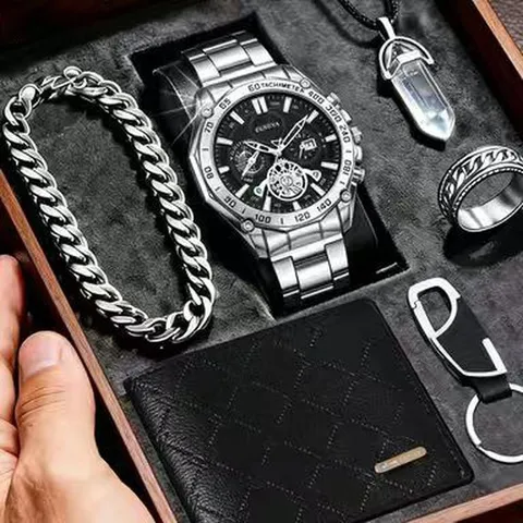 Herren Business Quarz Uhr Mit Kalender Leder Geldbörse Schlüsselanhänger Armband Halskette Ring Zinklegierung Urban Armbanduhr Schmuck