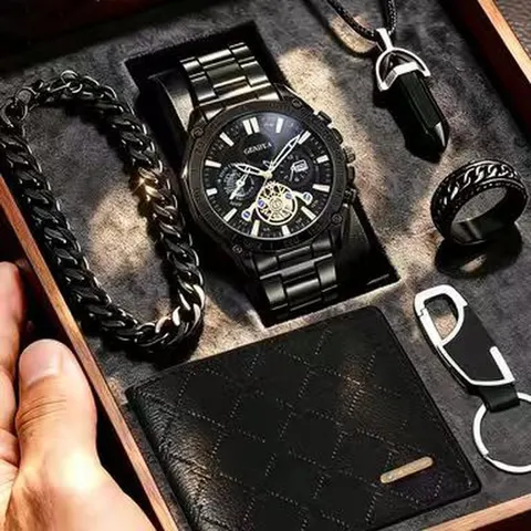 Herren Business Quarz Uhr Mit Kalender Leder Geldbörse Schlüsselanhänger Armband Halskette Ring Zinklegierung Urban Armbanduhr Schmuck