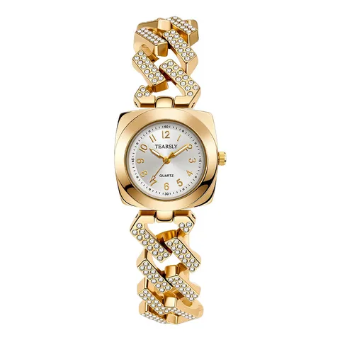 Lussuoso Orologio da Donna al Quarzo con Strass Quadrante Quadrato Cinturino a Catena Cubana Orologio a Bracciale Oro Argento Pietra Preziosa Intarsiata