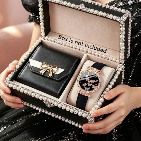 Set Orologio al Quarzo e Portafoglio con Fiocco da Donna Quadrante con Farfalle Cinturino in Lega e Portafoglio in Pelle Artificiale Regalo
