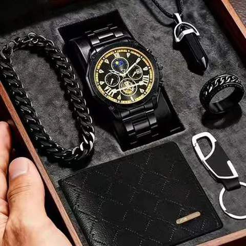 Herren Business Uhren Kollektion Mit Geldbörse Schlüsselanhänger Halskette Armband Ring Legierung Stahlband Quarz Uhr Sternenhimmel Zifferblatt