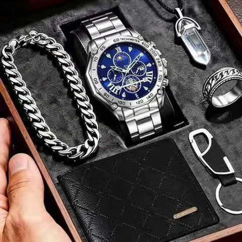 Herren Business Uhren Kollektion Mit Geldbörse Schlüsselanhänger Halskette Armband Ring Legierung Stahlband Quarz Uhr Sternenhimmel Zifferblatt