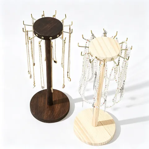 Creative Pine Wood Necklace Display Stand Jewelry Rack Rotating Holder with Metal Hooks for Countertop Home Organization Storage Organizer