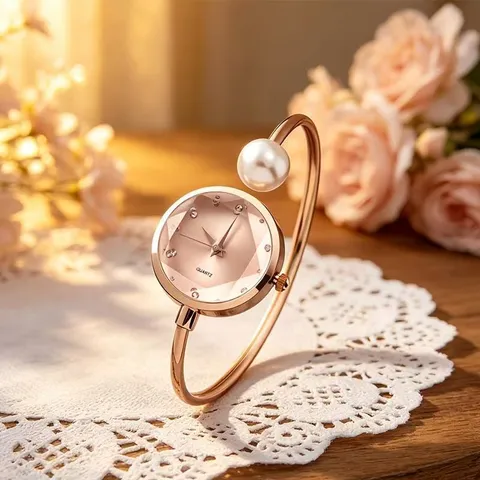 Set Orologio a Bracciale da Donna Quadrante in Madreperla Sfumato Orologio al Quarzo Elegante Perla Artificiale Strass Orologio a Bracciale Aperto Gioielli