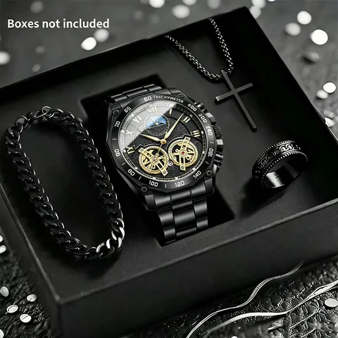 Set Gioielli Orologio al Quarzo Business Casual da Uomo In Lega di Zinco Acciaio Inossidabile Quadrante Traforato Orologio da Polso Bracciale Collana Anello Set per Uomo