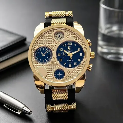 Herren Casual Quarzuhr Legierungsgehäuse Silikonarmband Duale Zeitzone Großes Zifferblatt Armbanduhr Multi Hilfszifferblätter Sportuhr Für Männer
