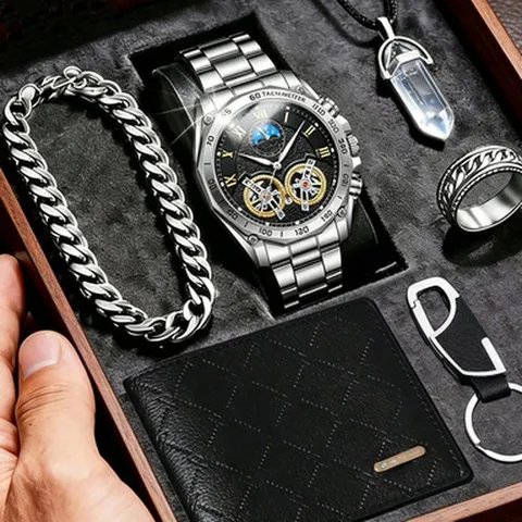 Orologio al Quarzo Luminoso di Lusso da Uomo d Affari Acciaio Inossidabile Catena in Lega Anello Portafoglio Portachiavi Set di Accessori Multi Pezzo