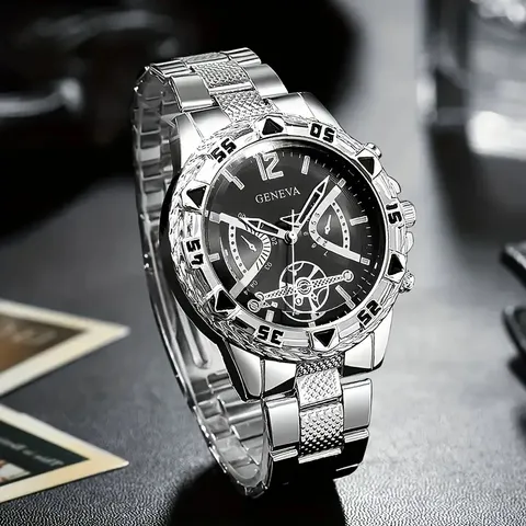 Σετ Ανδρικό Ρολόι Quartz Business Casual Μεγάλο Καντράν Μεταλλικό Λουράκι από Κράμα Στεφάνη με Στρας Μοντέρνο Ρολόι Χειρός για Άνδρες