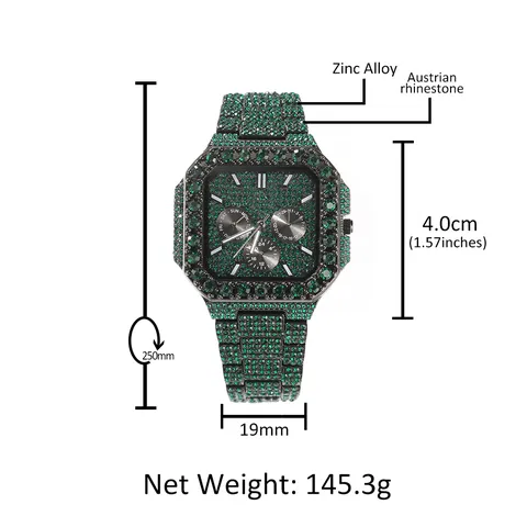 Montre Hip Hop Luxe Homme en Strass Cadran Carré Quartz Multifonction Calendrier Bracelet en Alliage Glacé