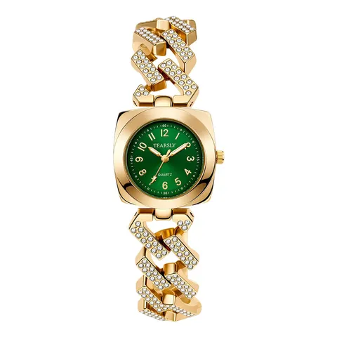 Lussuoso Orologio da Donna al Quarzo con Strass Quadrante Quadrato Cinturino a Catena Cubana Orologio a Bracciale Oro Argento Pietra Preziosa Intarsiata
