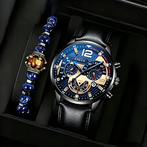 Men Fashion Business Geneva Quartz Watch Bracelet Set Zinc Alloy Case Blue Gold Dial Milanese Mesh Band Wristwatch Gift