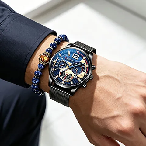 Men Fashion Business Geneva Quartz Watch Bracelet Set Zinc Alloy Case Blue Gold Dial Milanese Mesh Band Wristwatch Gift