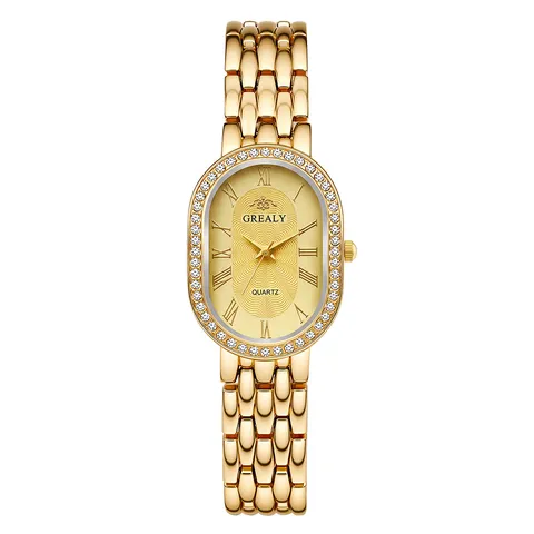 Fashion Luxury Alloy Rhinestone Oval Quartz Wristwatch Roman Numerals Stainless Steel Back Chain Watch For Women Gift