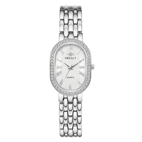 Fashion Luxury Alloy Rhinestone Oval Quartz Wristwatch Roman Numerals Stainless Steel Back Chain Watch For Women Gift