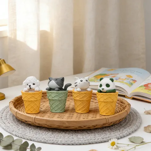 Cartoon Tier Eiswaffel Figur Kunststoff Nachtisch Modell Miniatur Katze Hase Panda Hund Ornament Für Auto Armaturenbrett Haus Deko