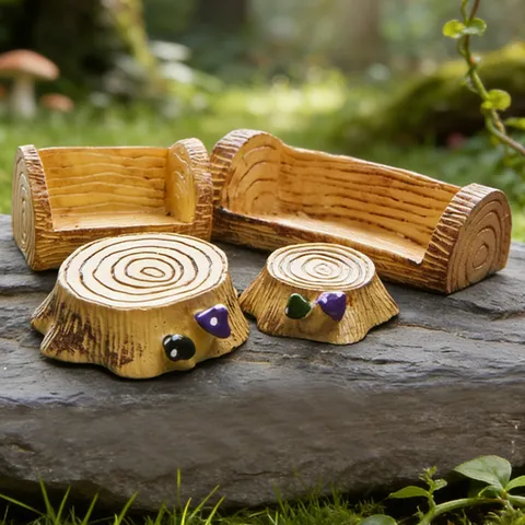 Miniature Fairy Garden Decor Resin Mushroom Tree Stump Stool Micro Landscape Ornament DIY Terrarium Accessories Handmade Wood Texture Bench Decor