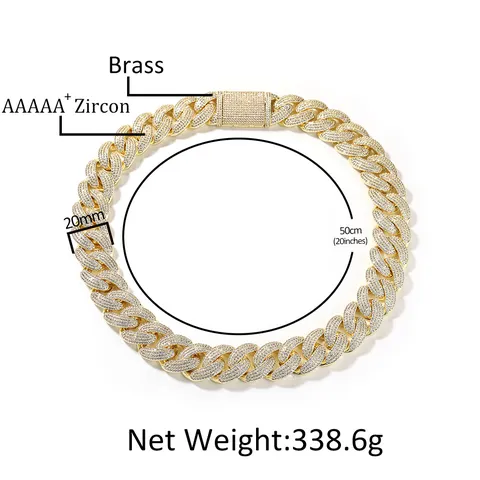 Collier Maille Cubaine en Cuivre avec Strass Hip Hop pour Hommes Collier Lourd Strass Bling Bling Bijoux Streetwear