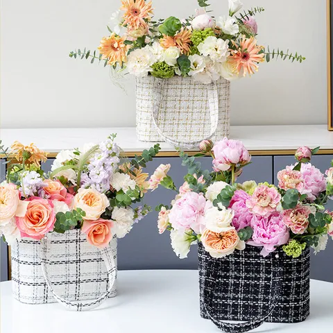 Scatola per Imballaggio Floreale a Quadri Tweed Elegante Cestino per Fiori Portatile Secchio di Stoccaggio per Bouquet di Rose