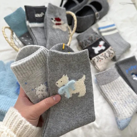 Calze di Lana Calde e Ispessite Invernali da Donna Simpatico Cucciolo Fiocco Mohair Al Polpaccio Calze Slouch Stile Giapponese Calzetteria Termica