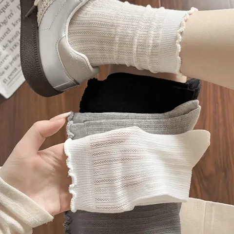 Calcetines Medios Informales de Color Sólido para Mujer con Adorno de Encaje Calado Transpirables de Algodón Peinado Dulces Lindos Uso Diario Moda