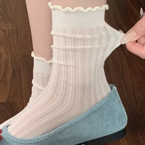 Calcetines Medios Informales de Color Sólido para Mujer con Adorno de Encaje Calado Transpirables de Algodón Peinado Dulces Lindos Uso Diario Moda