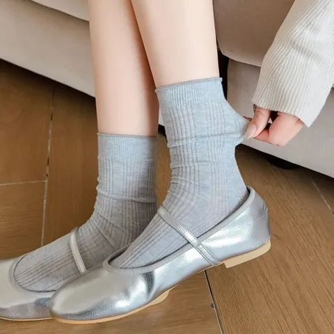 Calze a Metà Polpaccio in Misto Cotone Casual da Donna Tinta Unita a Righe Verticali Traspiranti Sottili Primavera Estate Quotidiane
