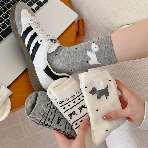 Donna Retro A Pois Cagnolino Fiocco Cuore Calze Mid-Calf in Cotone Dolce Stile Ins Casual Carino Calzini